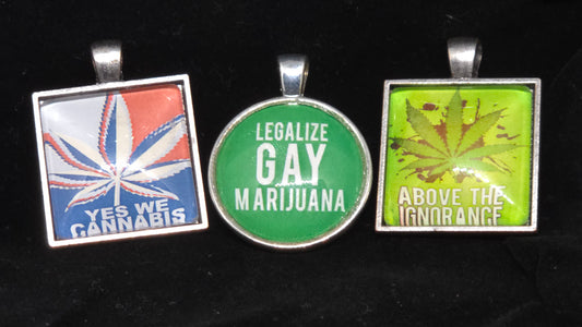 Cannabis Art Pendant Necklace – Choose Your Vibe – Handmade Weed Jewelry – Snarky, Political or Playful – Nickel-Free Ball Chain Included