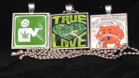 Cannabis Art Pendant Necklace – Choose Your Vibe – Handmade Weed Jewelry – Snarky, Political or Playful – Nickel-Free Ball Chain Included